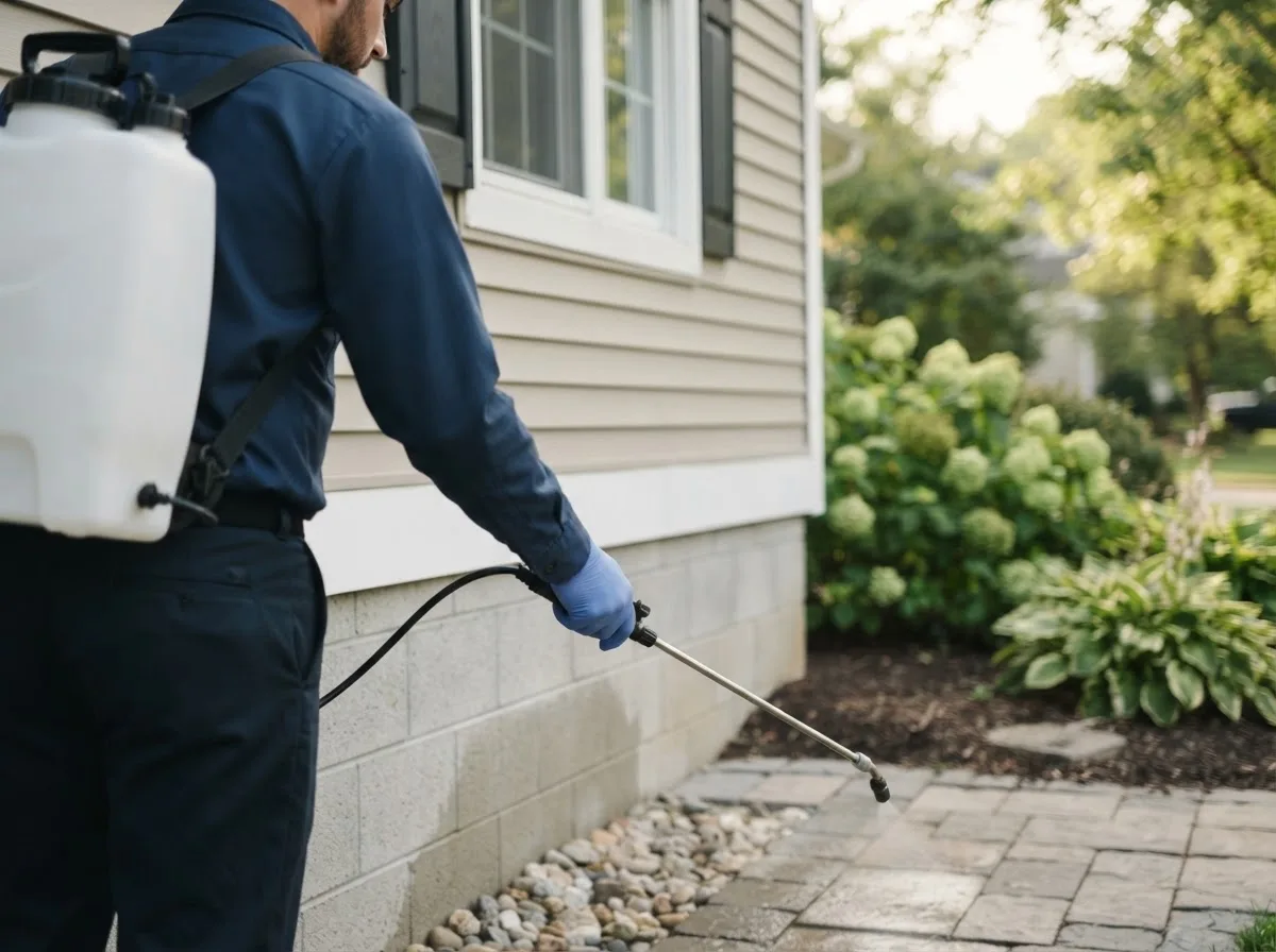 Pest control technician inspecting a home in Niantic, IL